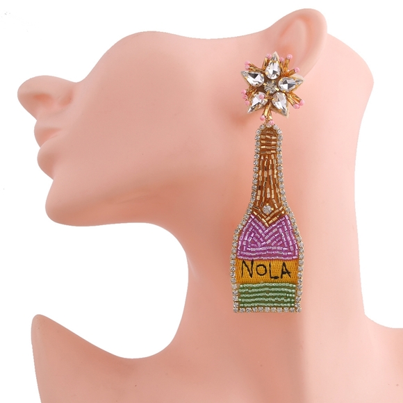 New Orleans NOLA Beaded Statement Earrings Mardi Gras Colors with Crysta… - Picture 5 of 8